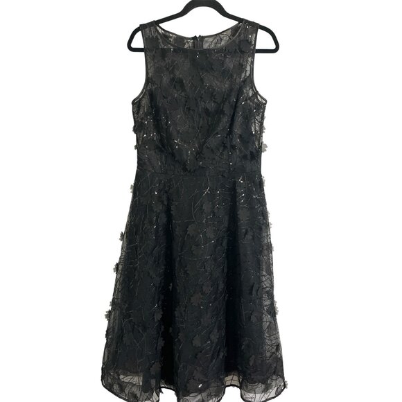 RICKIE FREEMAN TERI JON Dress Tea Length Sequins 3D Floral Appliques Black 12 - Picture 1 of 16